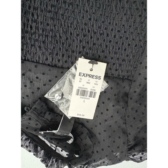 Express Smocked Peplum Top Swiss Dot Ruffle Trim Puff Sleeve Black L - Picture 3 of 8